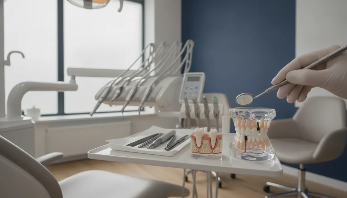 Detaliu clinic dintr-un cabinet stomatologic pregatit pentru diagnosticul unei carii interdentare, cabinetul stomatologic