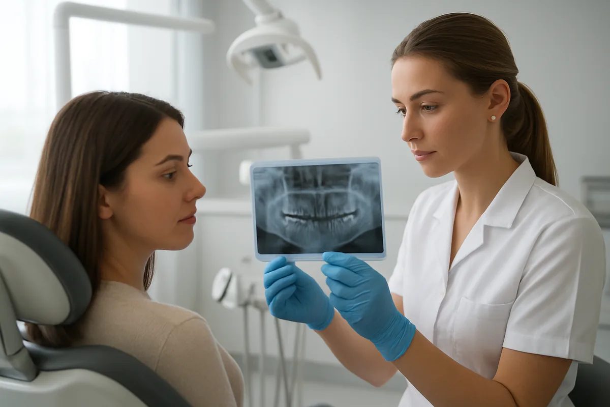 Radiografie bitewing folosită pentru depistarea unei carii secundare la marginea unei plombe, interpretată