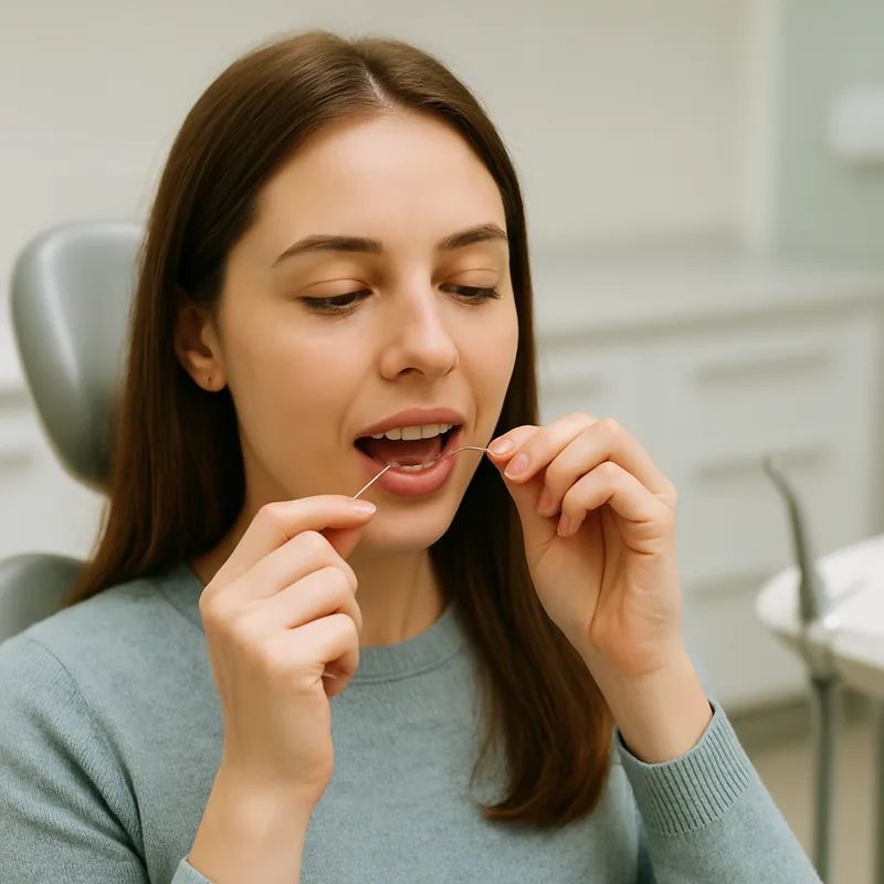 Pacientă folosind ața dentară în jurul unui dinte plombat, gest de prevenție a cariei secundare