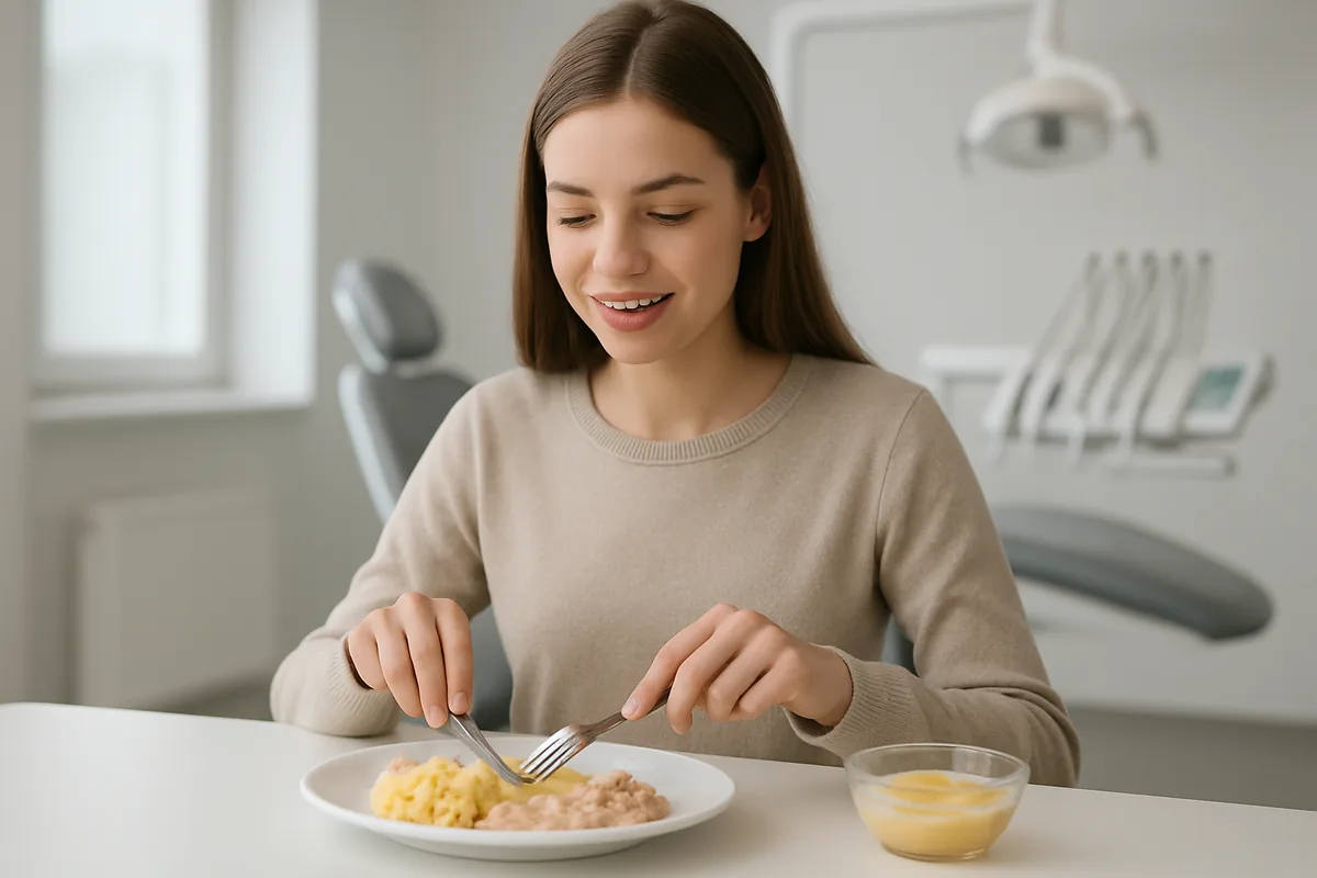 Pacientă cu aparat dentar fix își pregătește o masă cu alimente moi, ghid alimentar ortodontic