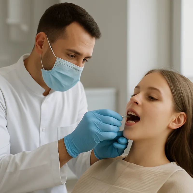 Medic stomatolog verifică un bracket desprins la un pacient cu aparat dentar fix, cabinet cabinetul stomatologic