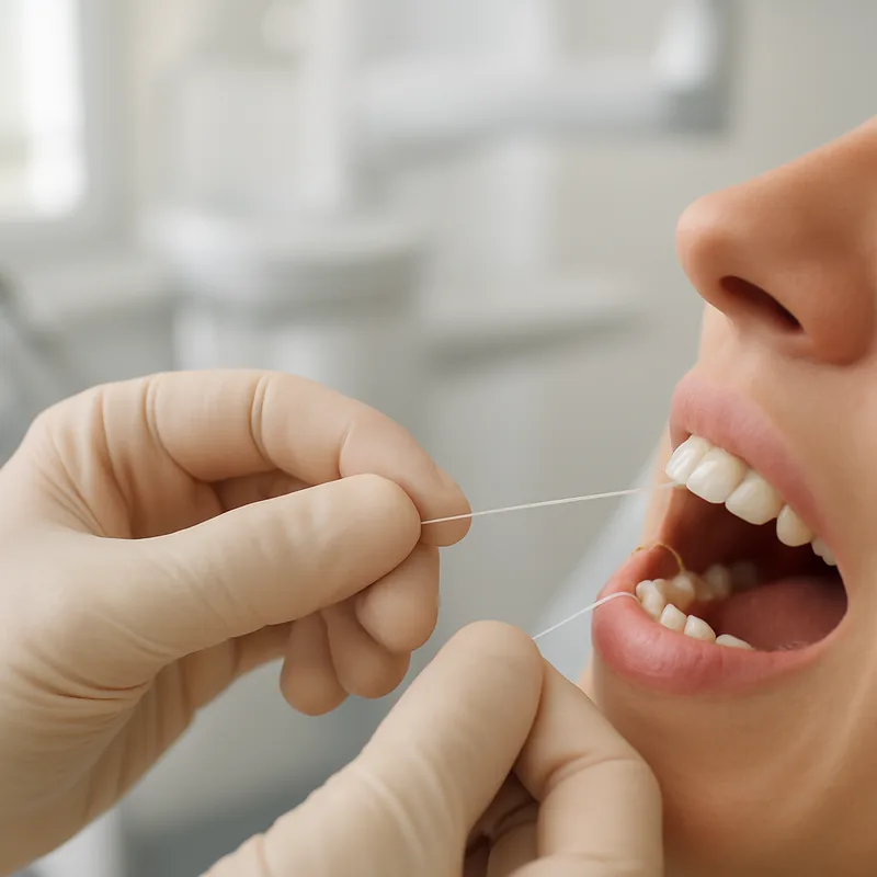 Ață dentară folosită la marginea unui dinte plombat, gest de prevenție a cariei secundare recomandat la cabinetul stomatologic