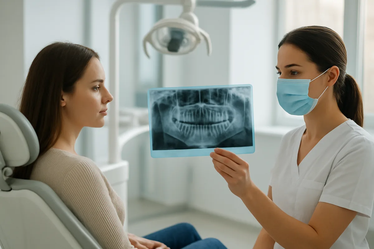 Radiografie panoramică cu chist dentar la vârful rădăcinii, evaluată în cabinetul de chirurgie orală