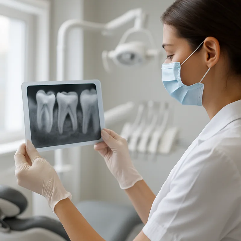 Radiografie periapicală folosită pentru evaluarea profunzimii cariei înainte de coafajul pulpar, cabinetul stomatologic