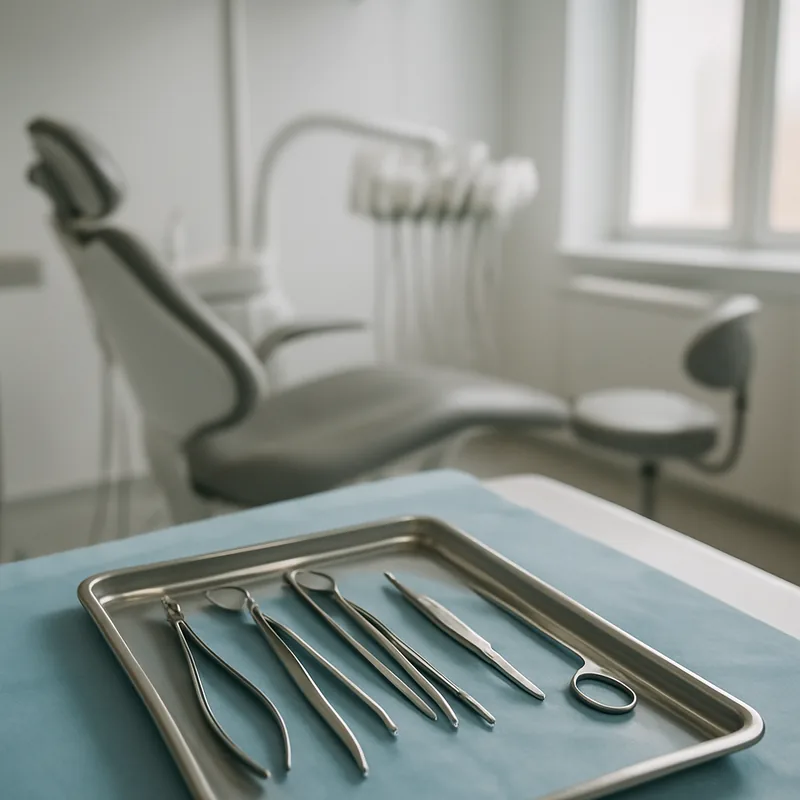 Instrumentar steril pregătit pentru închiderea chirurgicală a unei comunicări buco-sinusale în cabinetul de chirurgie orală cabinetul stomatologic