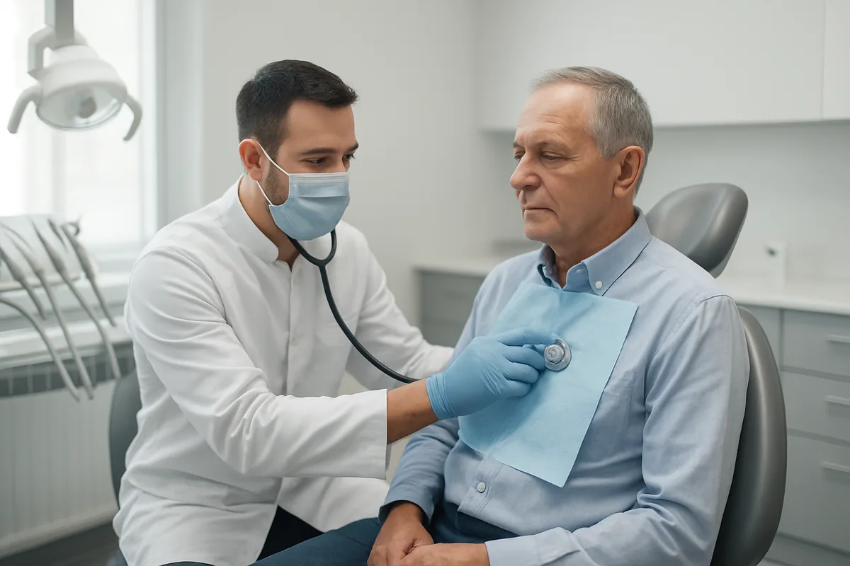 Medic stomatolog verifică istoricul cardiac al pacientului înainte de detartrajul cu ultrasunete