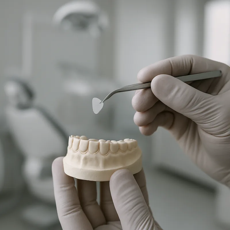 Fațetă ceramică subțire ținută cu pensa lângă un model dentar, înainte de proba de adaptare