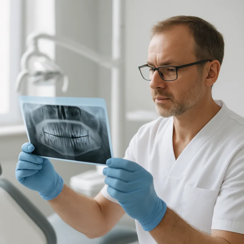 Radiografie panoramică folosită pentru evaluarea volumului și densității osoase înainte de un implant dentar