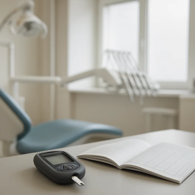 Glucometru și carnet cu valori glicemice, folosite pentru verificarea controlului diabetului înainte de implantul dentar