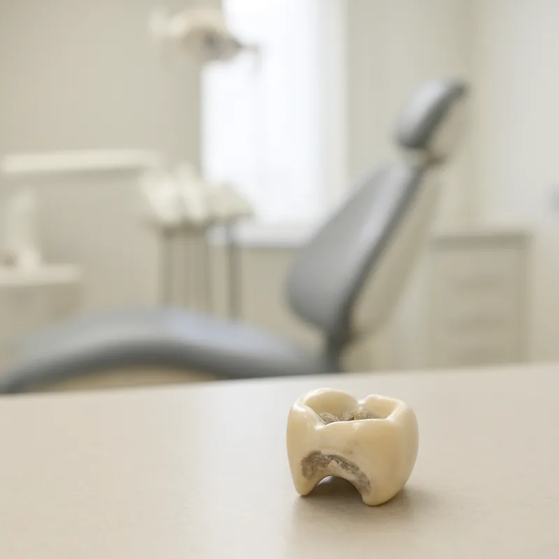 Coroană dentară dezlipită întoarsă cu interiorul în sus, cu urme de ciment vechi vizibile