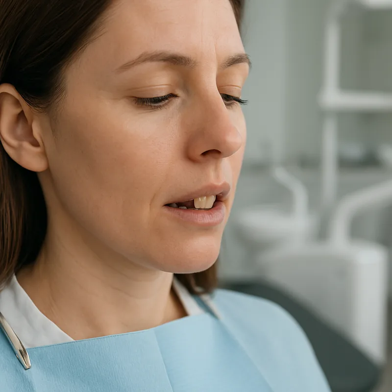Bont dentar șlefuit rămas descoperit după căderea coroanei dentare, înainte de tratament