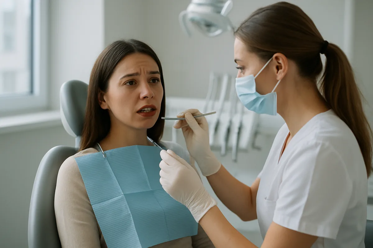 Pacientă cu dinți galbeni evaluată cu cheia de culori de un medic stomatolog