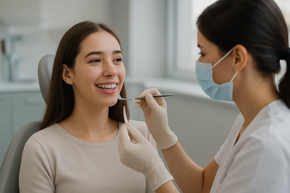 Pacientă cu aparat dentar fix metalic la controlul de ortodonție