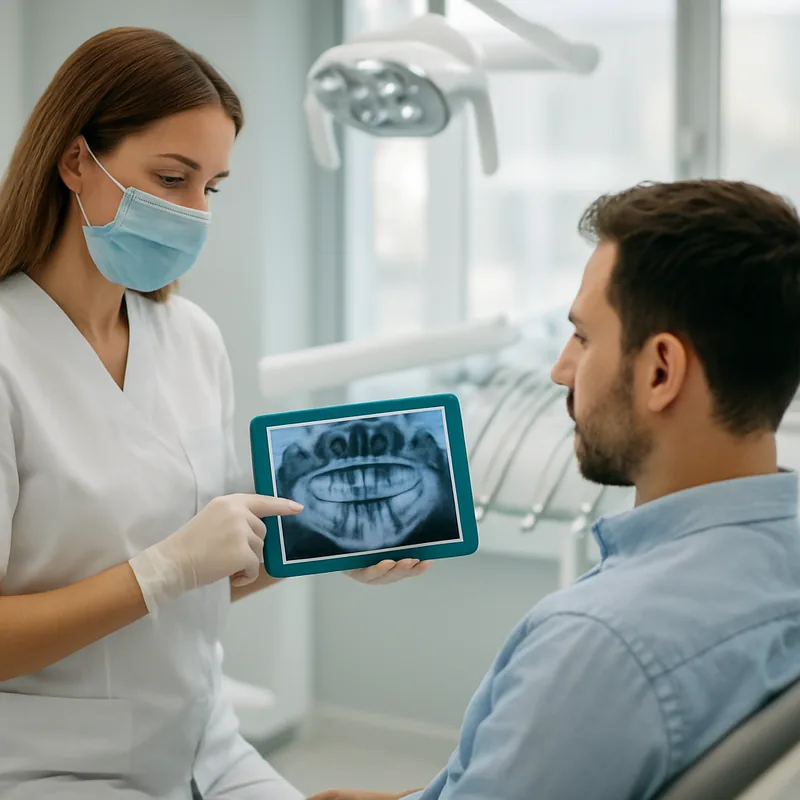 Radiografie retroalveolară pe ecran la consultația de urgență pentru abces dentar la cabinetul stomatologic