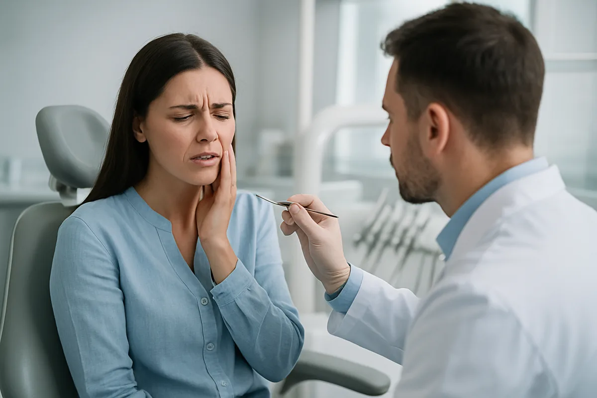 Pacientă cu durere sub coroana dentară în timpul consultului protetic
