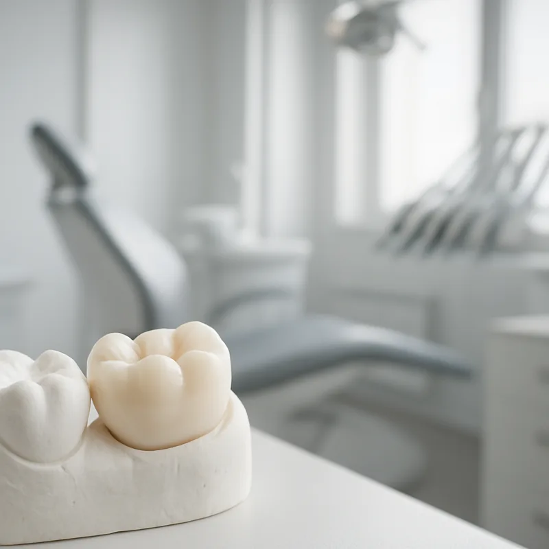 Coroană dentară din zirconiu pregătită pentru cimentare în cabinetul stomatologic