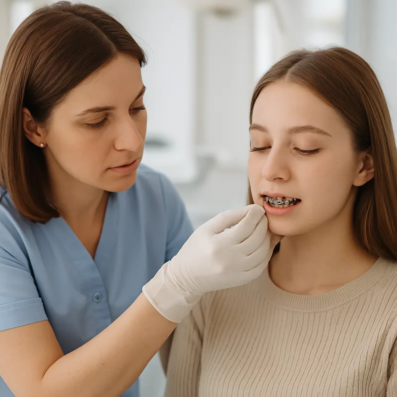 Control ortodontic lunar la cabinetul stomatologic, verificarea elasticelor intermaxilare pe aparatul dentar fix