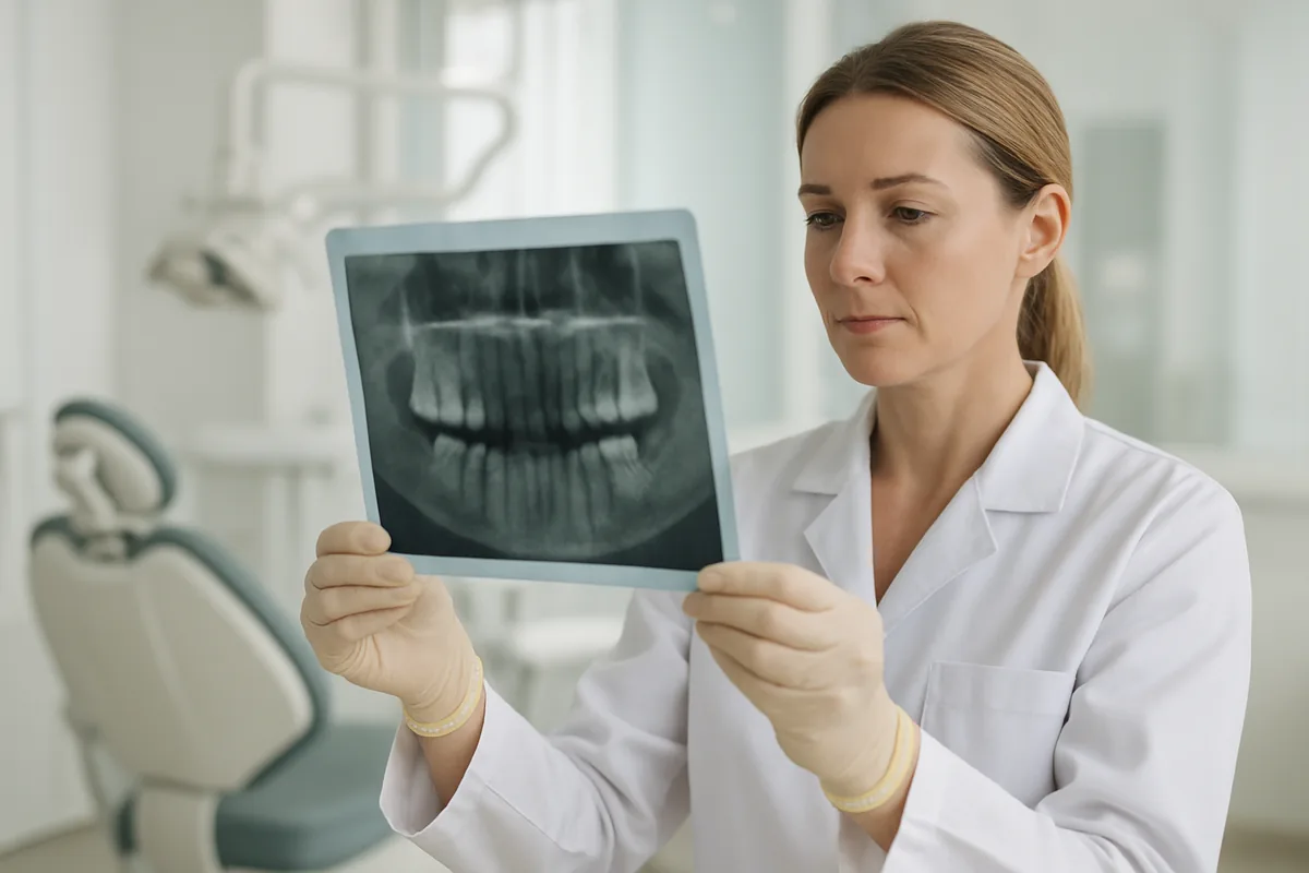 Radiografie de control pentru un implant dentar, cu evaluarea nivelului osos peri-implantar