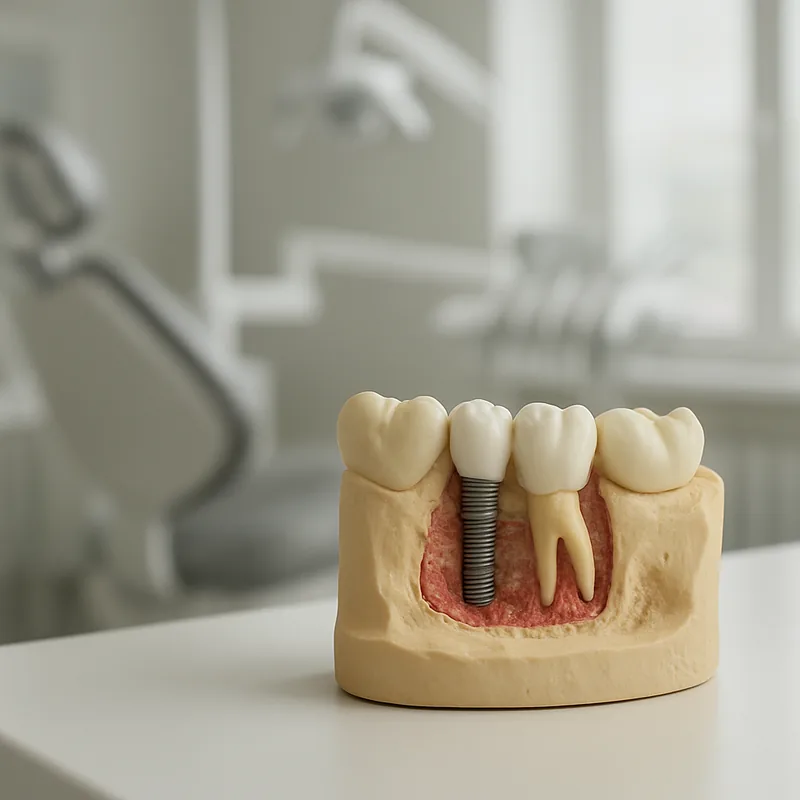 Model de maxilar cu implant dentar și os alveolar, folosit pentru a explica pierderea osoasă peri-implantară