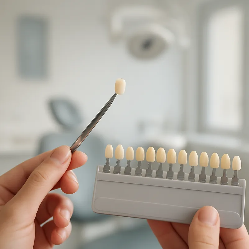 Lamelă ceramică e.max ținută în pensă lângă cheia de culori, înainte de cimentarea adezivă