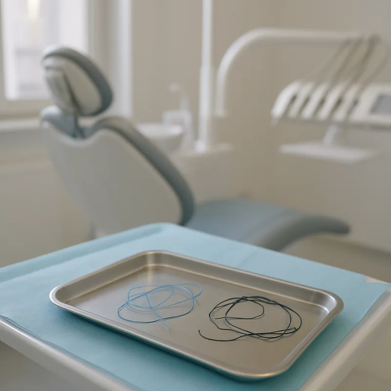 Fire de sutură resorbabile și neresorbabile pregătite pe masa de chirurgie orală, cabinetul stomatologic