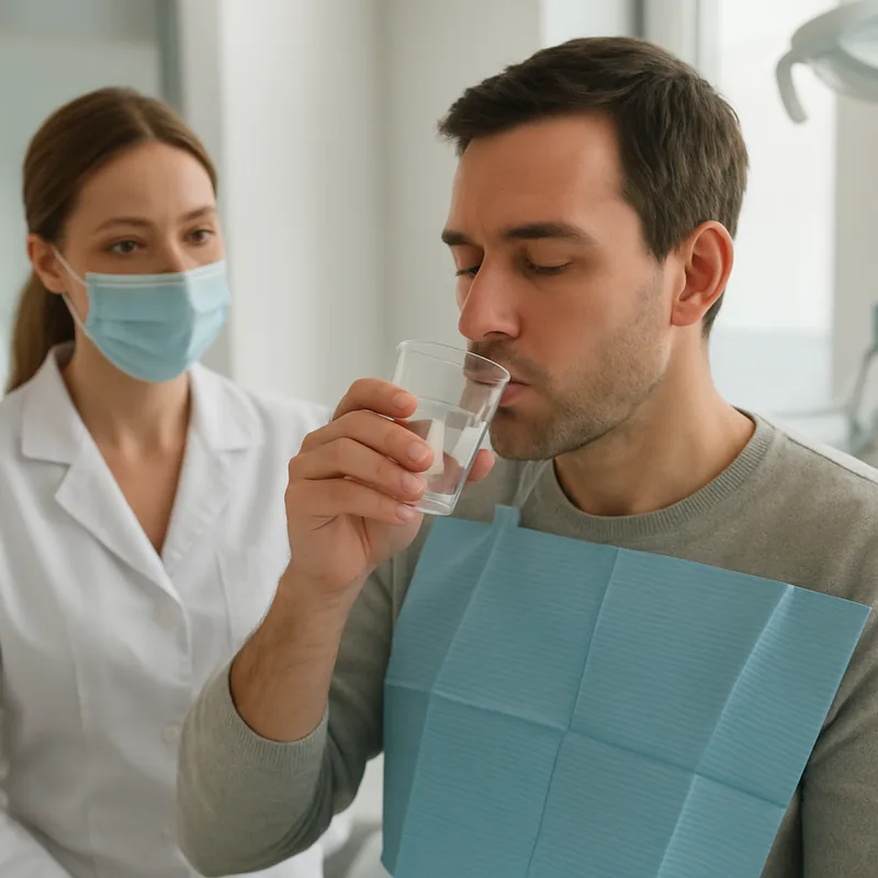 Pacient care clătește blând cu apă sărată caldă după extracția dentară, conform recomandărilor medicului stomatolog