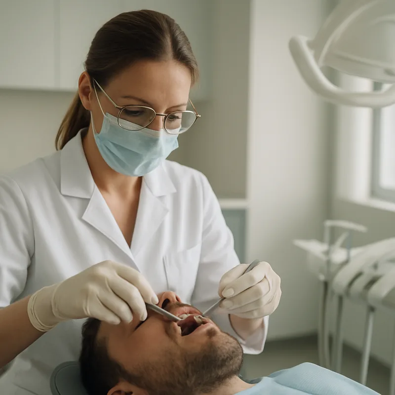Medic stomatolog scoate firele de sutură la controlul de după extracția dentară, cabinet cabinetul stomatologic