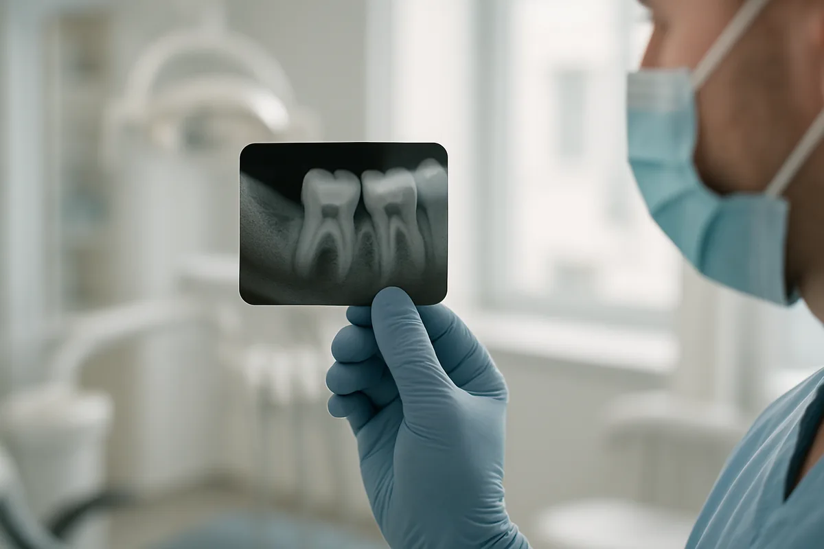 Radiografie periapicală a unui molar cu gangrenă dentară și necroză pulpară, evaluat