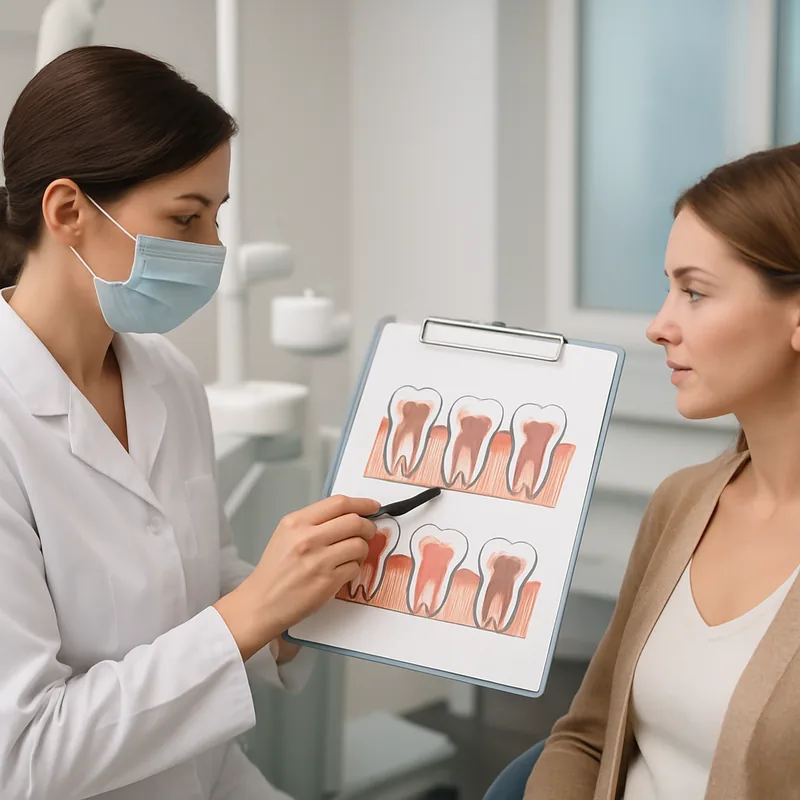 Schemă cu etapele evoluției dentare, de la carie profundă la pulpită, necroză pulpară și abces periapical
