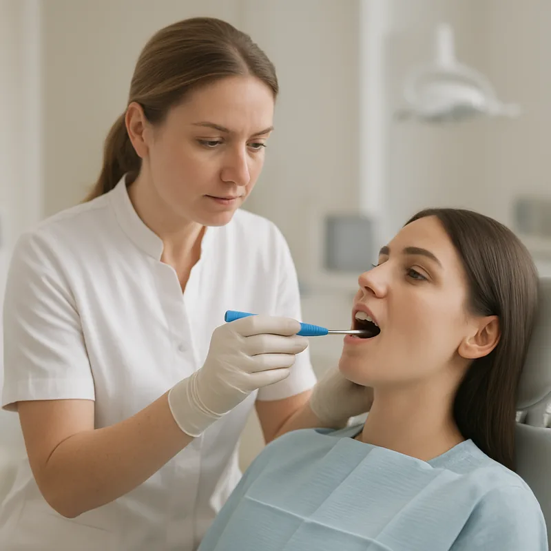 Medic stomatolog verificând vitalitatea pulpară a unui dinte cu testul la rece, în cabinetul stomatologic