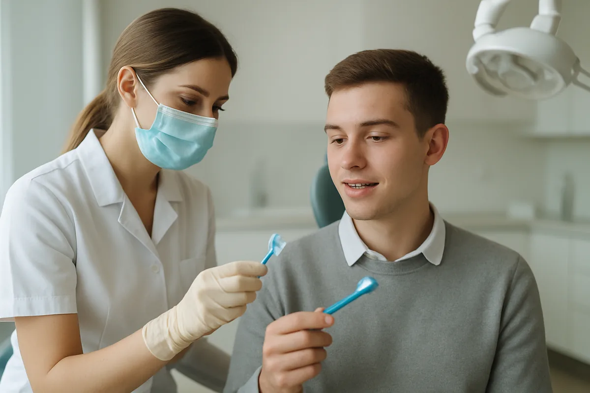 Pacient cu aparat dentar fix învață periajul corect cu periuță ortodontică