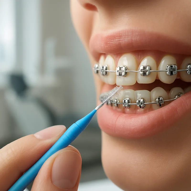 Periuță interdentară curățând sub sârma aparatului dentar fix, la baza bracket-ilor