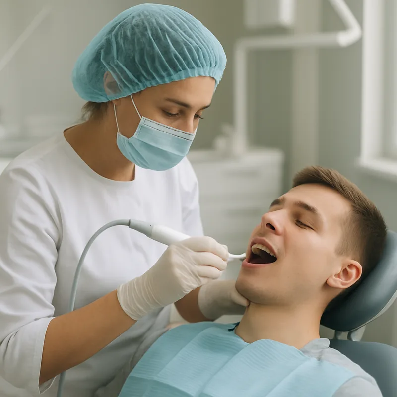 Igienizare profesională cu detartraj ultrasonic la un pacient cu bracketi, cabinetul stomatologic