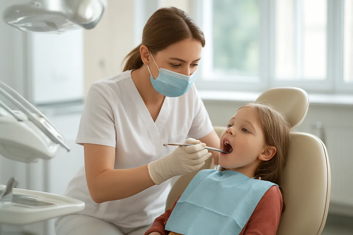 Igienizare profesională la copii în cabinetul, medic pedodont și pacient copil în unitul dentar