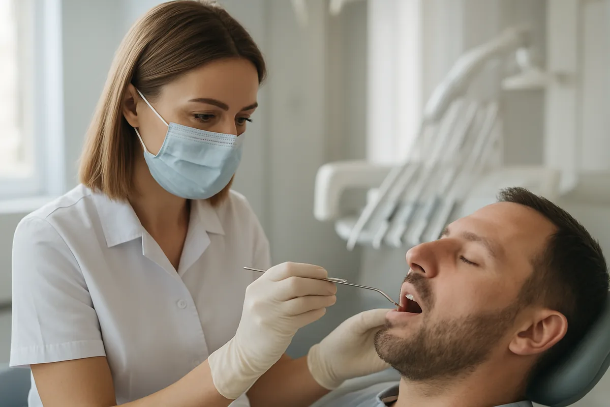 Sondă parodontală care măsoară adâncimea pungii gingivale înainte de decizia de implant dentar