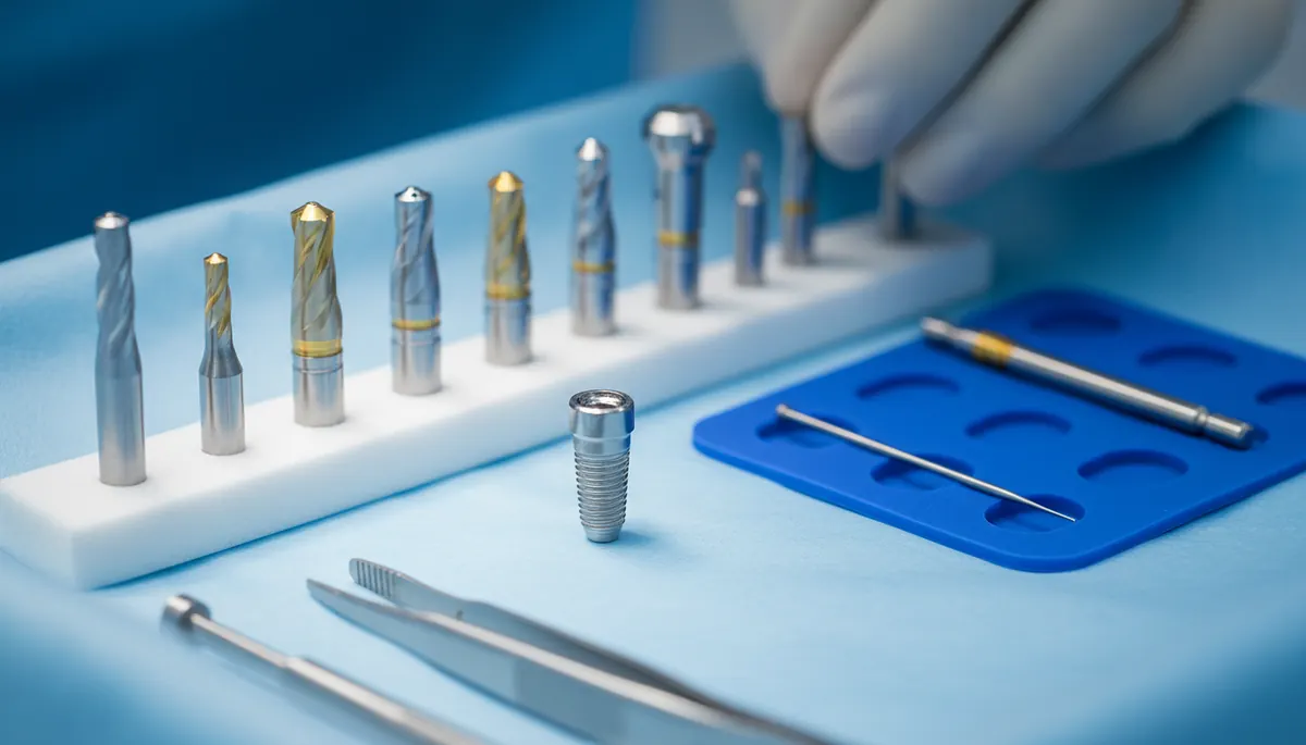 Implant titan steril pe tava chirurgicală cu freze de pregătire