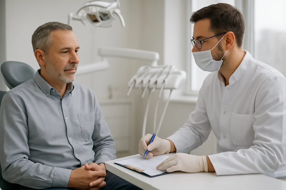 Consultație pentru implant dentar la un pacient cu diabet, cu analiza de hemoglobină glicozilată pe masa medicului