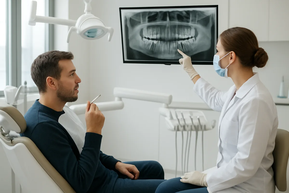 Consultație de implantologie pentru un pacient fumător, cu radiografie panoramică afișată pe ecran