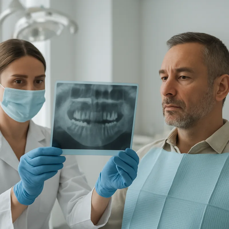Radiografie de control care arată nivelul osului peri-implantar în jurul unui implant dentar la un pacient fumător