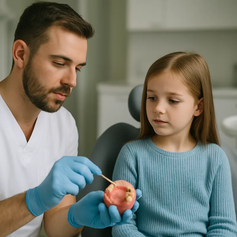 Menținător de spațiu pe model dentar, soluție după pierderea prematură a unui molar de lapte la copil