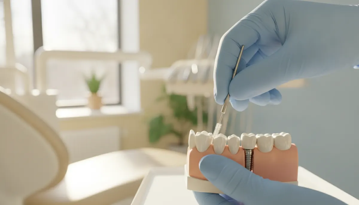Periuță interdentară folosită pentru curățarea în jurul unei coroane pe implant, pe model demonstrativ