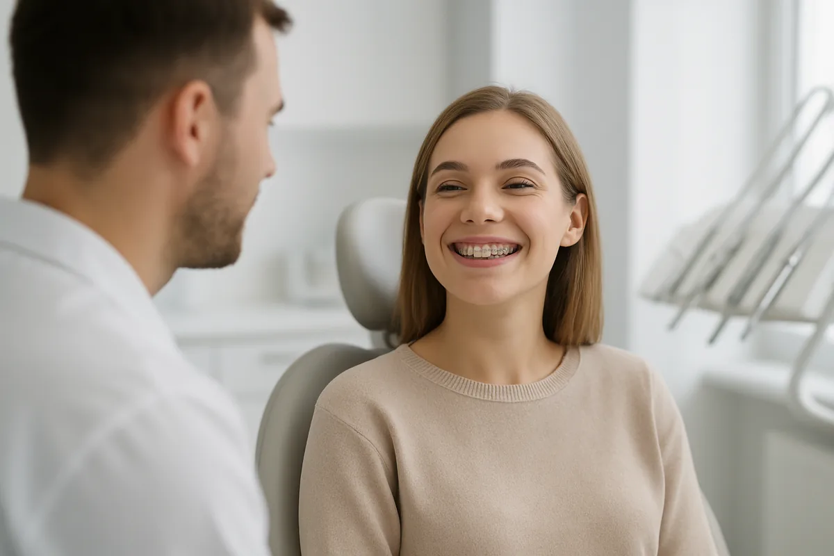 Pacientă adultă cu aparat dentar fix metalic zâmbind la consultația de ortodonție