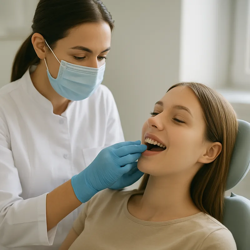 Medic stomatolog verificând bracketurile și arcul unui aparat dentar fix în cabinetul