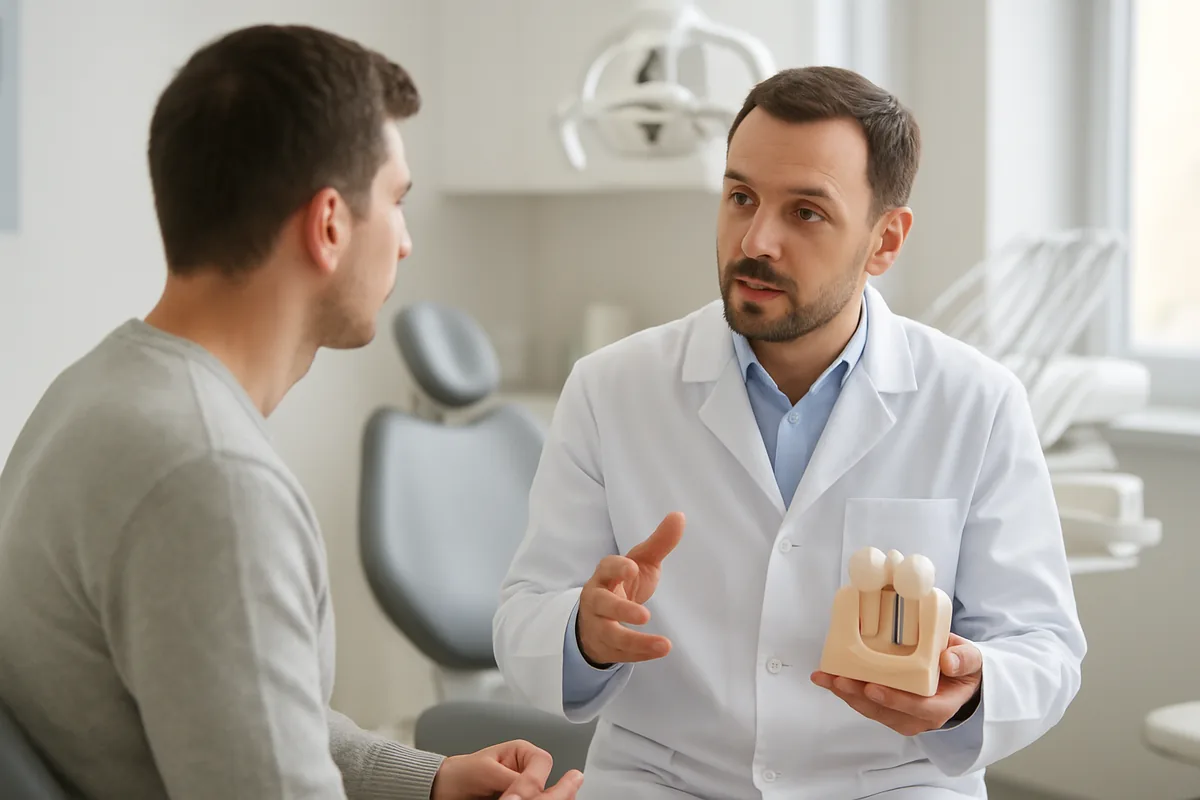 Dr. Mihai Dăscălu explică unui pacient miturile despre implantul dentar