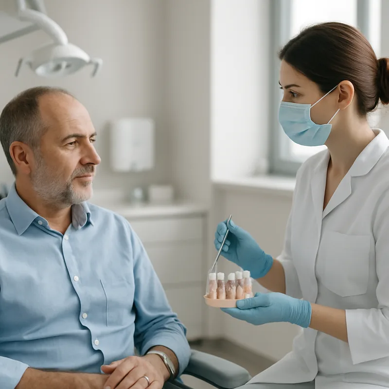 Consultație preoperatorie pentru implant dentar la un pacient cu diabet, la cabinetul stomatologic
