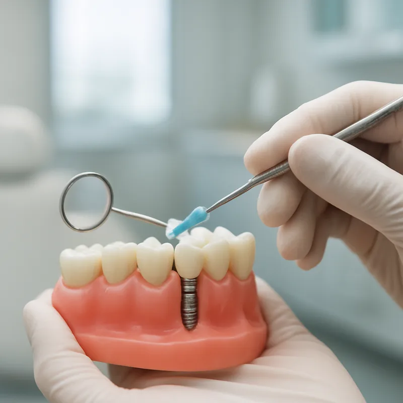 Periuță interdentară curățând în jurul unei coroane pe implant dentar la controlul de mentenanță