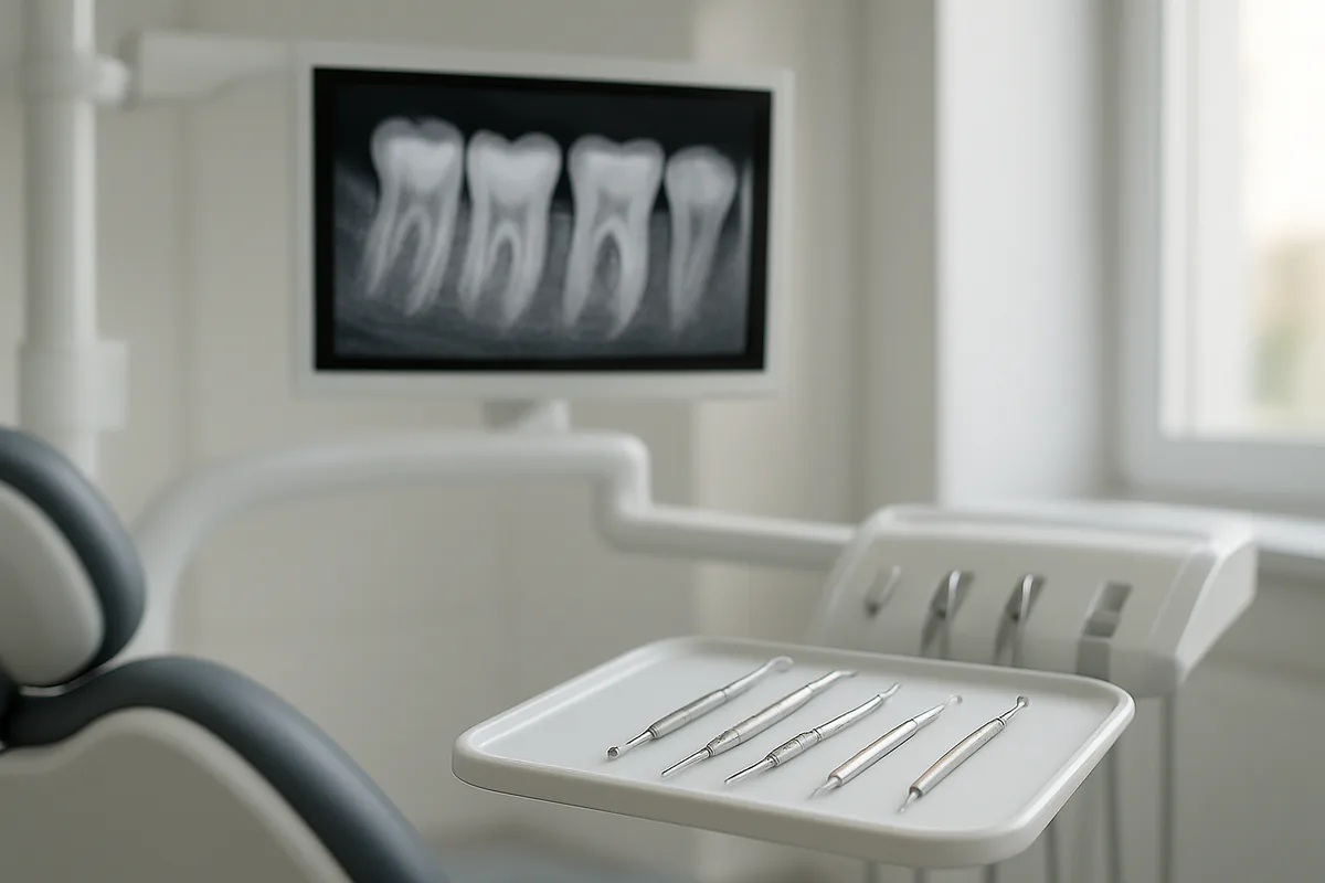 Radiografie periapicală pe monitor și instrumente de endodonție pregătite pentru un tratament de canal