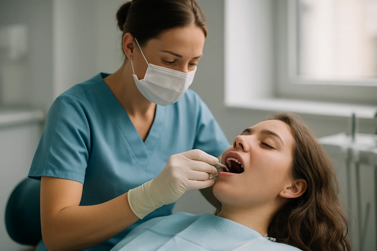 Medic ortodont lipind bracketuri metalice pe dinții unui pacient la montarea aparatului dentar fix