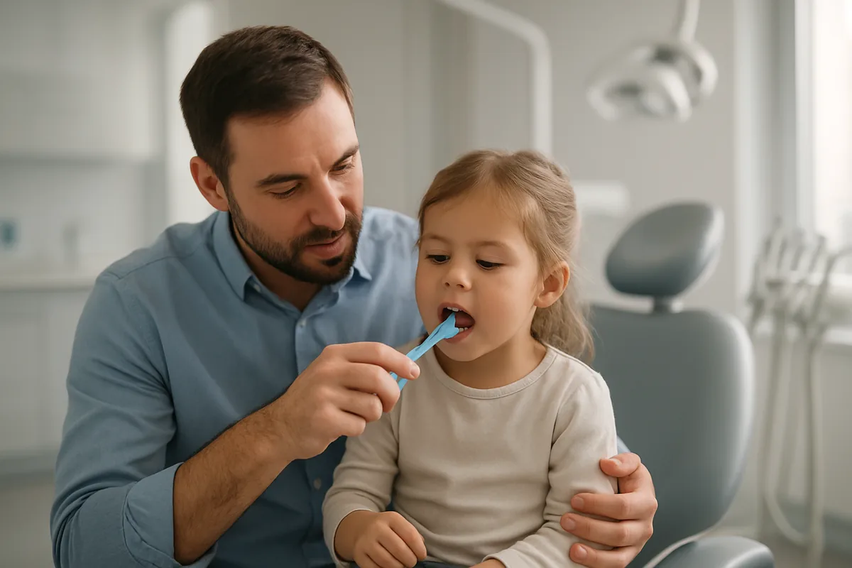 Părinte care periază dinții unui copil mic cu pastă de dinți cu fluor, ghid
