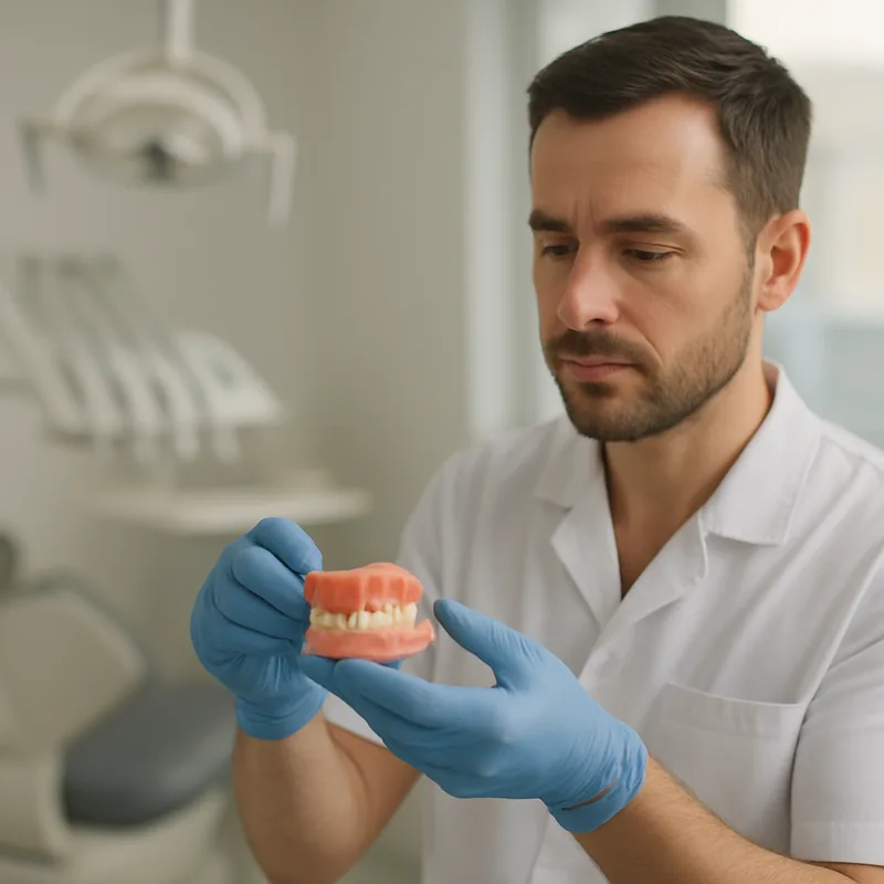 Medic stomatolog verificând adaptarea unei proteze dentare mobile înainte de rebazare, în cabinet